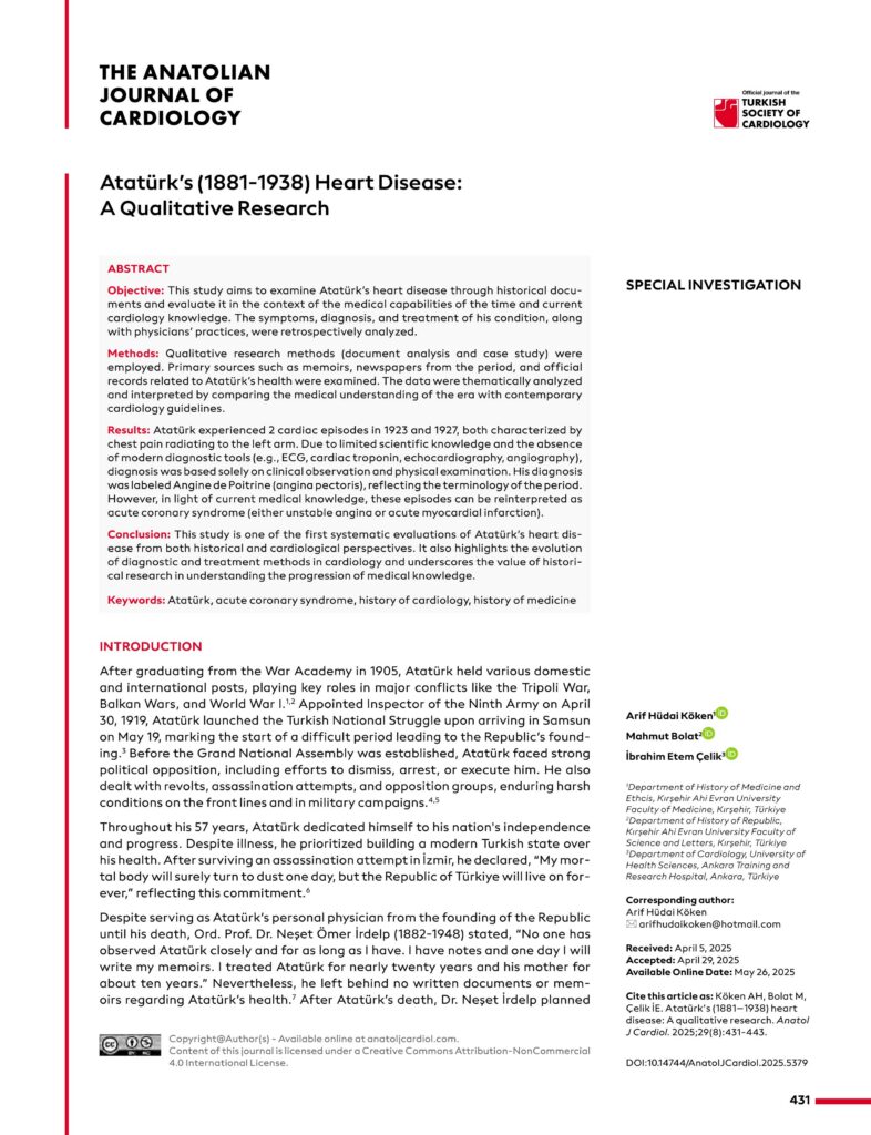 Atatürk’s (1881-1938) Heart Disease: A Qualitative Research